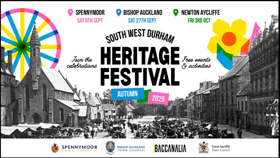 Black and white images of buildings, poster reads, 'South West Durham Heritage Festival'.