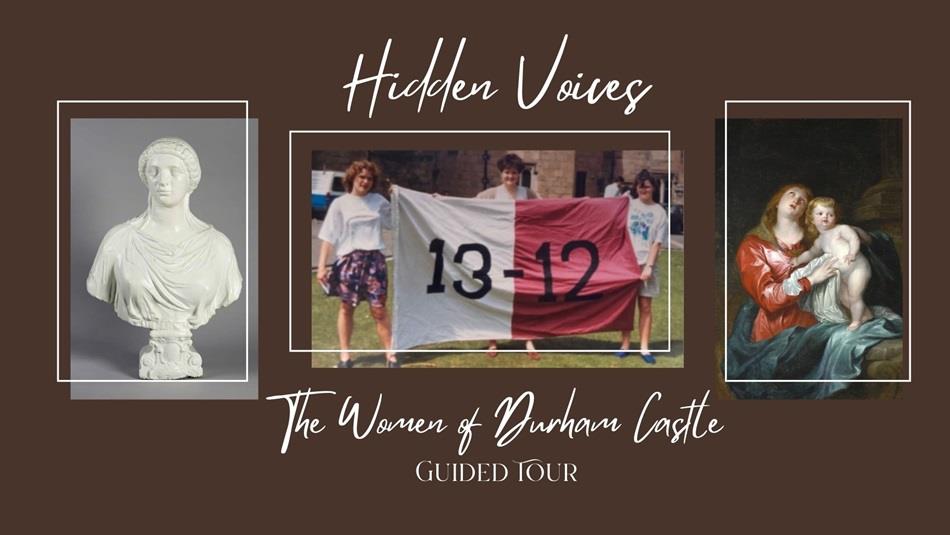 Photograph of three women holding a flag, a painting of a woman and child and a bust sculpture of a woman