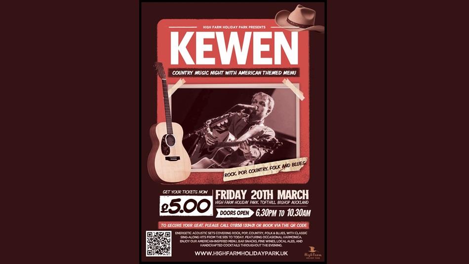 Kewen poster with image, date, time, and cost
