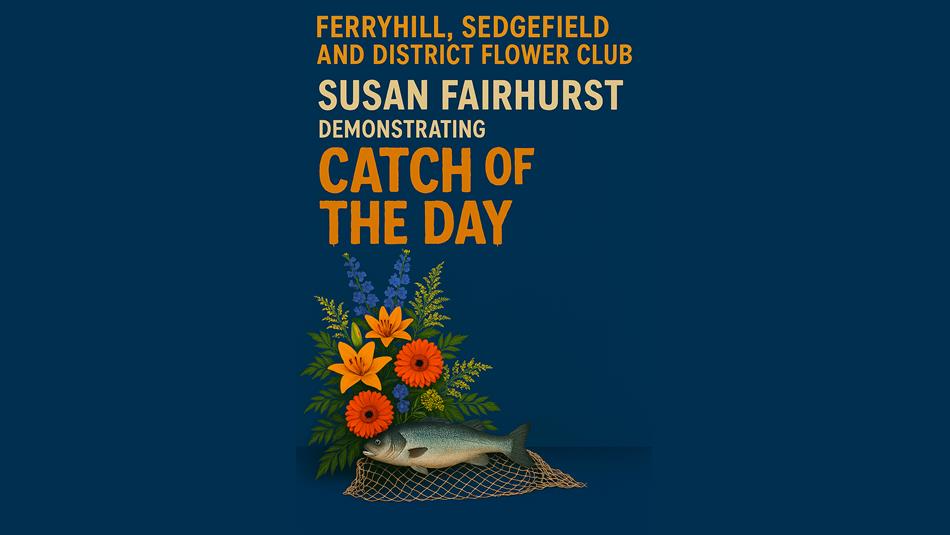 Poster for event including title and an image  of a fish lying in front of a flower arrangement