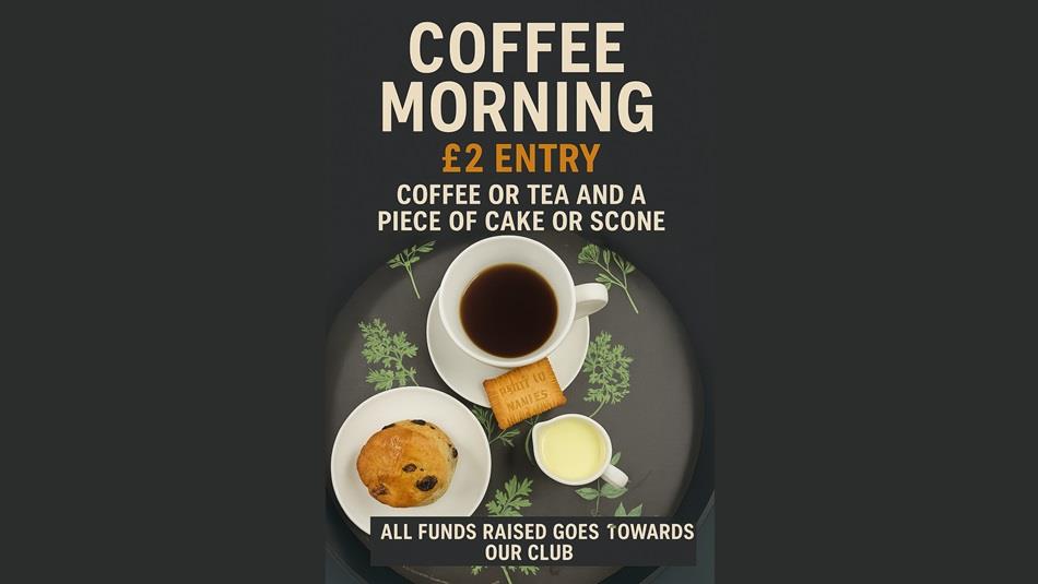Poster with title of event and an image of a cup of coffee, scone, biscuit, small jug of milk