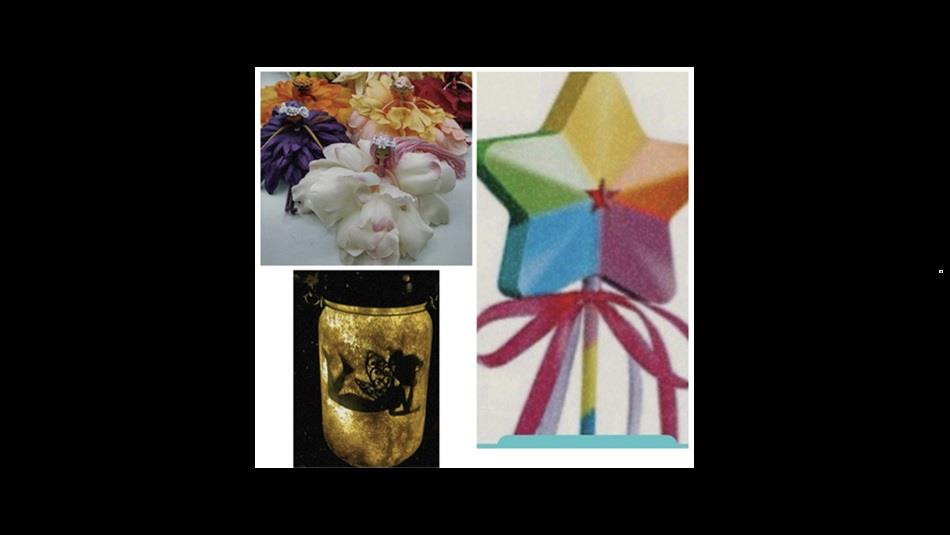 Selection of crafts made in the workshop.  A wand, fairies and lantern.