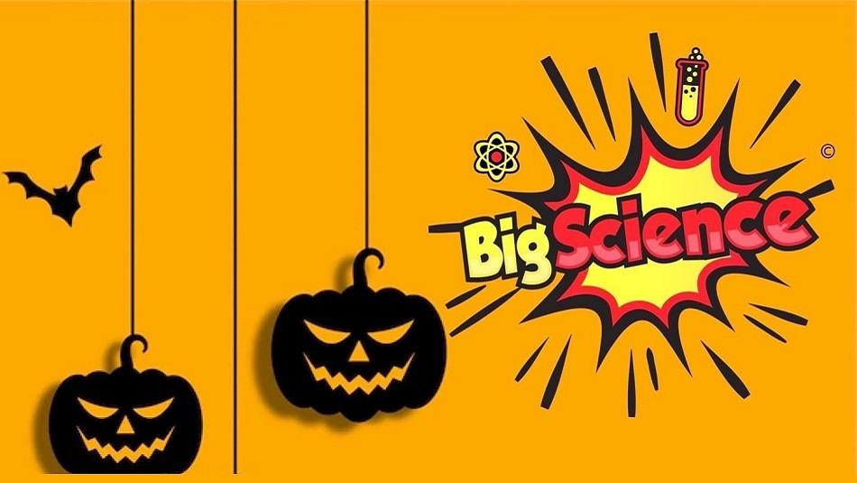 Spooky Halloween cartoon image with black pumpkins, a bat and the wording Big Science