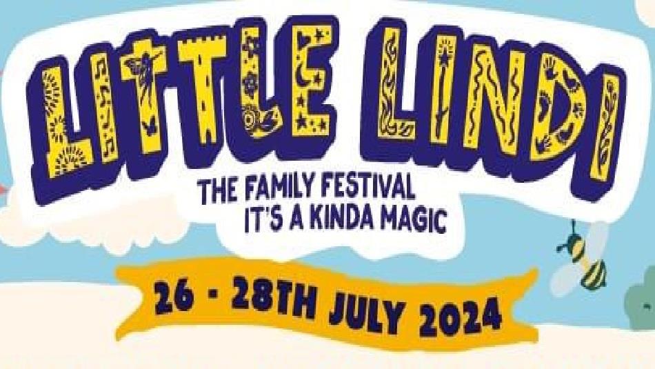Text reads, 'Little Lindi, The Family Festival, it's Kinda Magic, 26th - 28th July 2024' alongside graphic images of a bee and a blue sky.