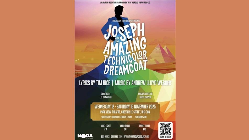 Advert for Joseph and his Technicolour Dreamcoat with details of event including time and location with image of Joseph