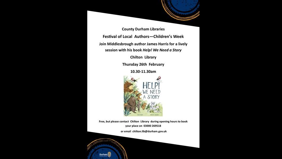 Poster advertising event with an image of the book Help We Need a Story.