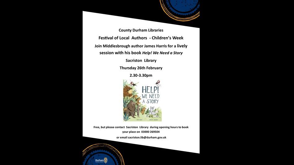 Poster advertising event with an image of the book Help We Need a Story.