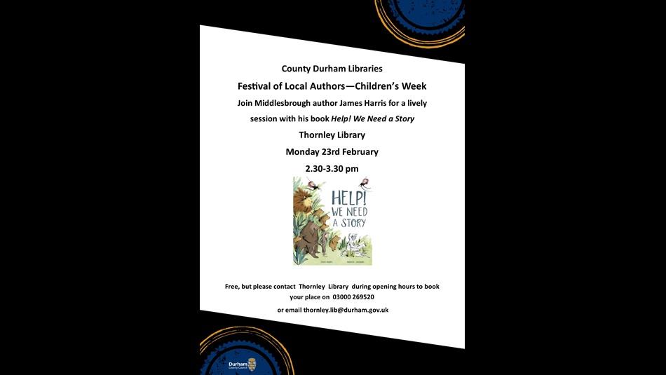 Poster advertising event with an image of the book Help We Need a Story.