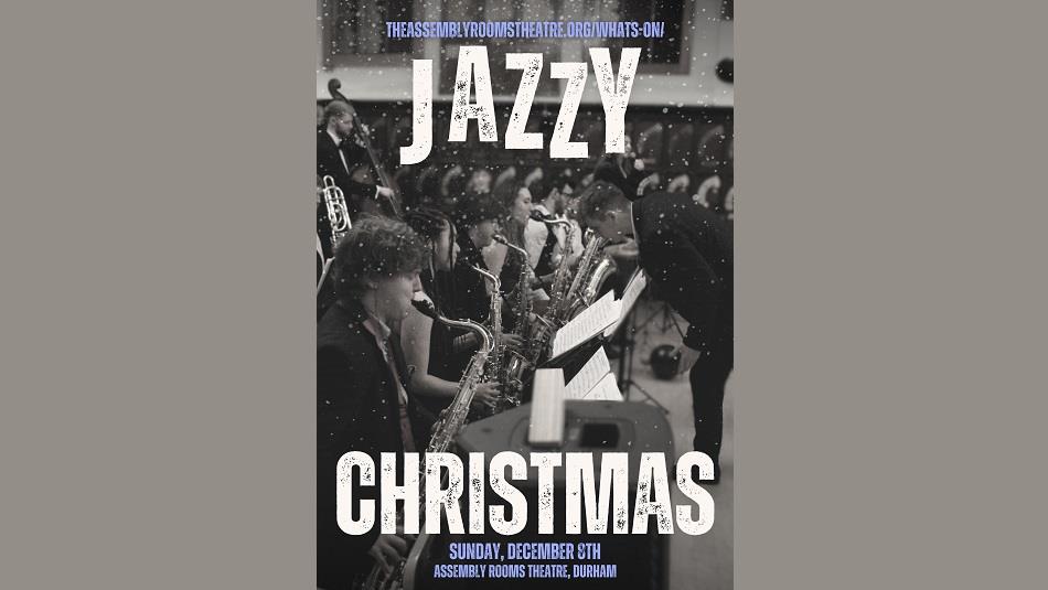 Black and white image of an orchestra with the wording Jazzy Christmas