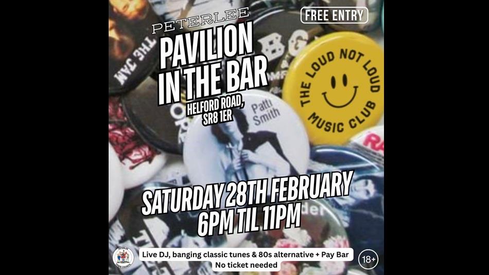 Event advertising poster showing date and time with images of retro music badges.