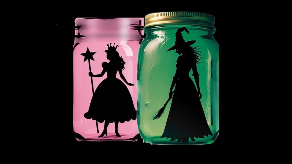 A pink and green lantern containing the silhouettes of Wicked characters