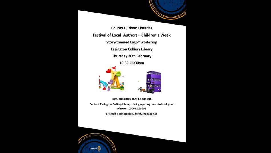 Poster showing detail of event with images of a fairground and bus made from Lego.