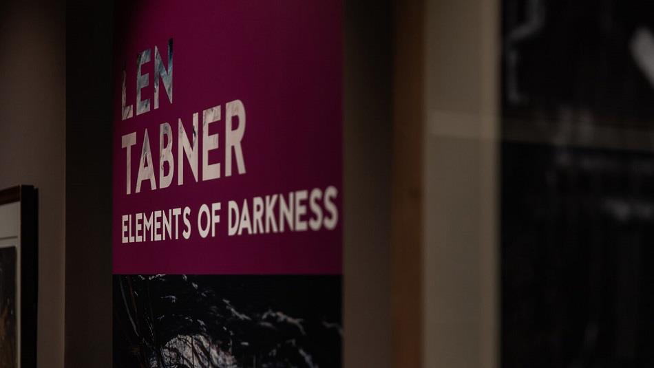 Text reads, Len Tabner: Elements of Darkness along with a drawing of part of Boulby Potash Mine.