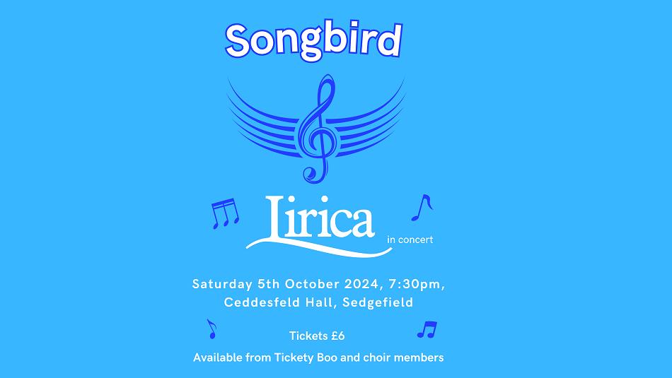 Songbird Lirica poster with a treble clef and details of event