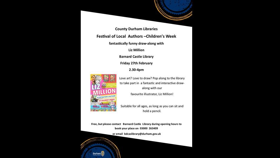 Poster advertising the event with an image a book by Liz Million.