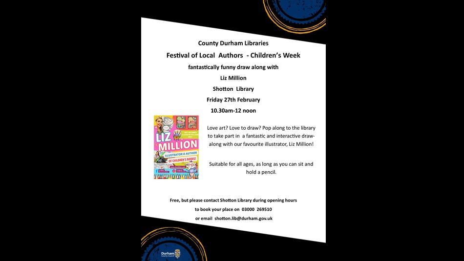 Poster advertising the event with an image of a book by Liz Million.