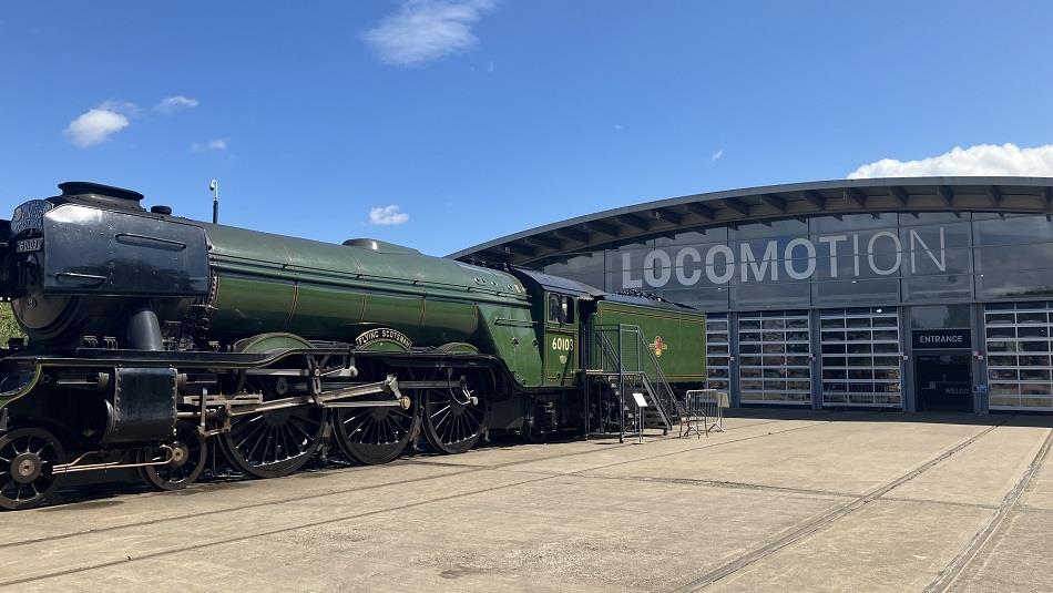 Locomotive outside of Locomotion's Collection Building