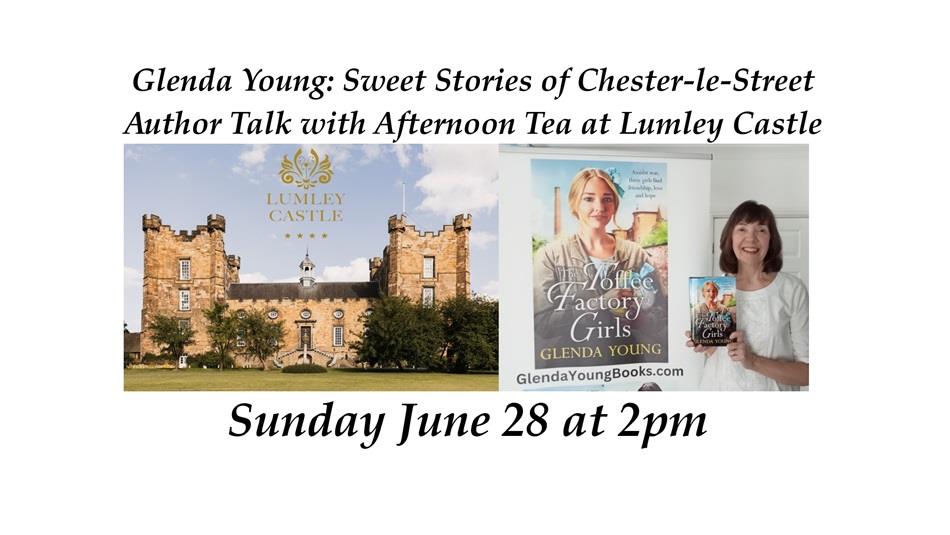Lumley Castle, the author Glenda Young and the front cover of a book