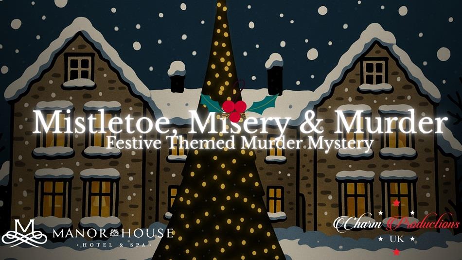 coloured painting of the Manor House in the snow with a Christmas Tree in cartoon style