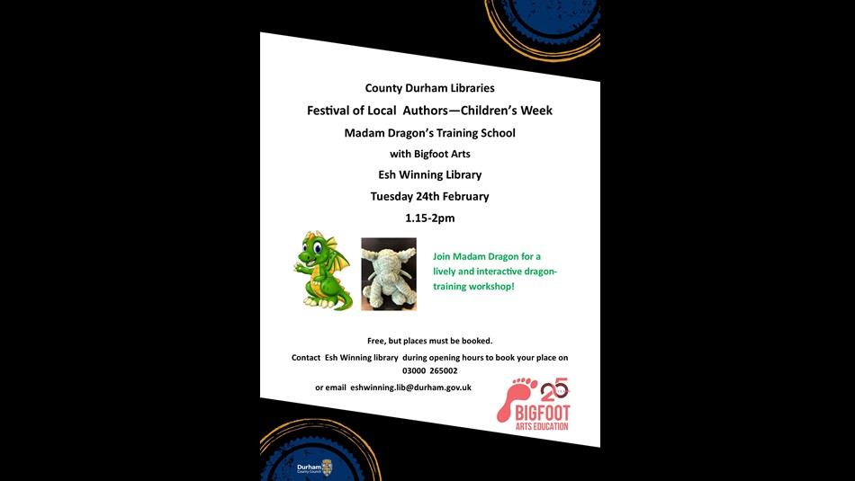 Poster advertising the event with an image of a cartoon dragon and a dragon stuffed toy.