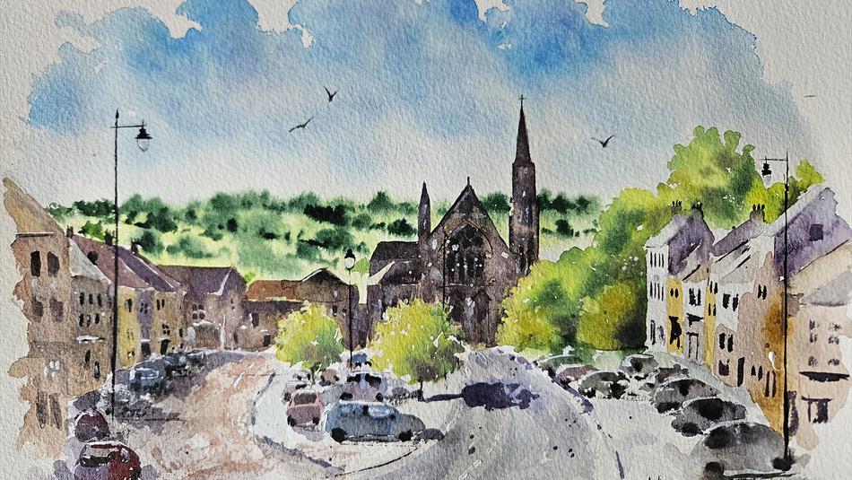 Watercolour of a church, houses, countryside and blue skies - Matt Scott Art