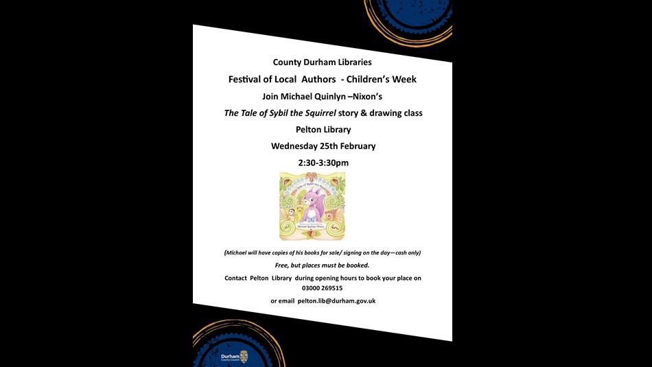 Poster advertising the event with an image of the book Sybil the Squirrel.