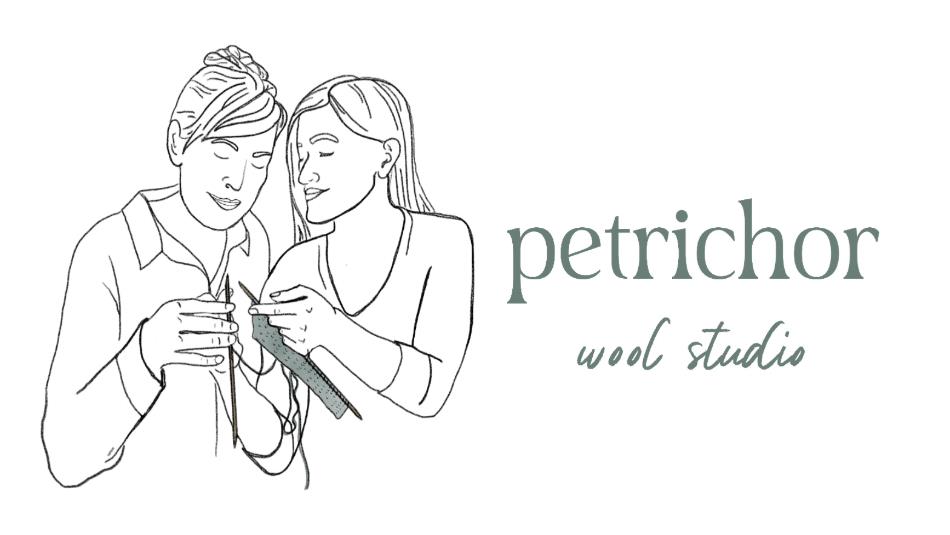 line drawing of two women knitting