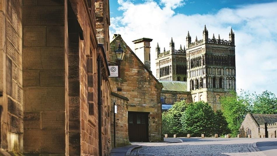 Durham World Heritage site view from Owengate with the Cathedral's West Towers in the distance