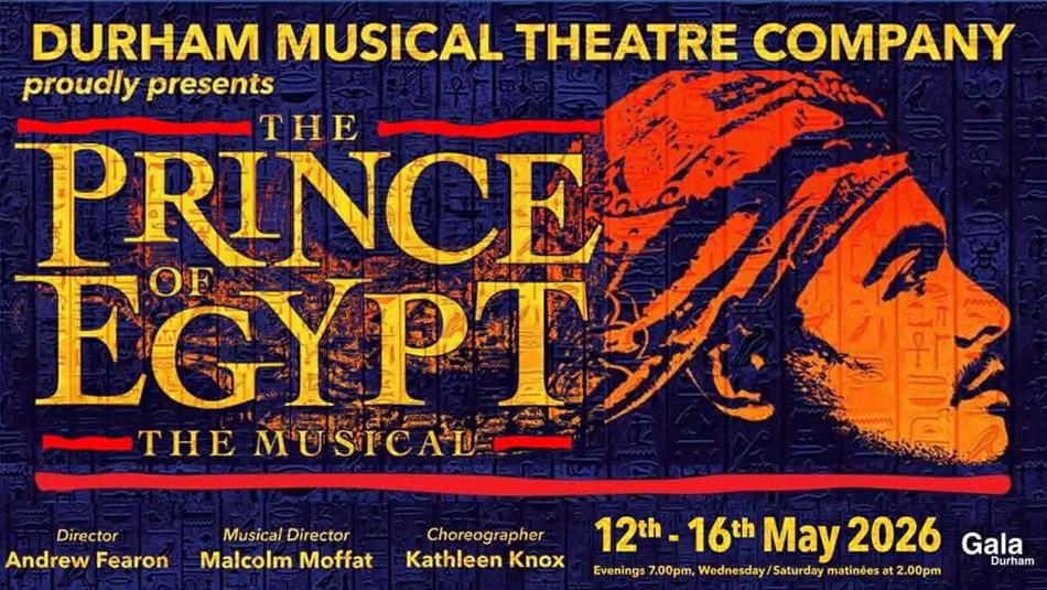 Logo for the DreamWorks production of The Prince of Egypt. Elaborate gold lettering on a royal blue background containing hieroglyphics.