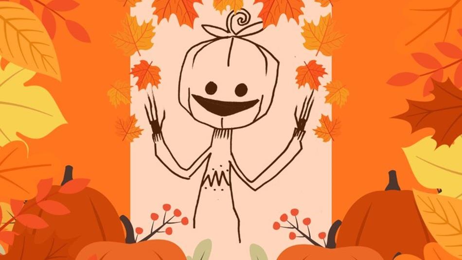 Cartoon image of the character Pumperknickle surrounded by pumpkins and autumn leaves