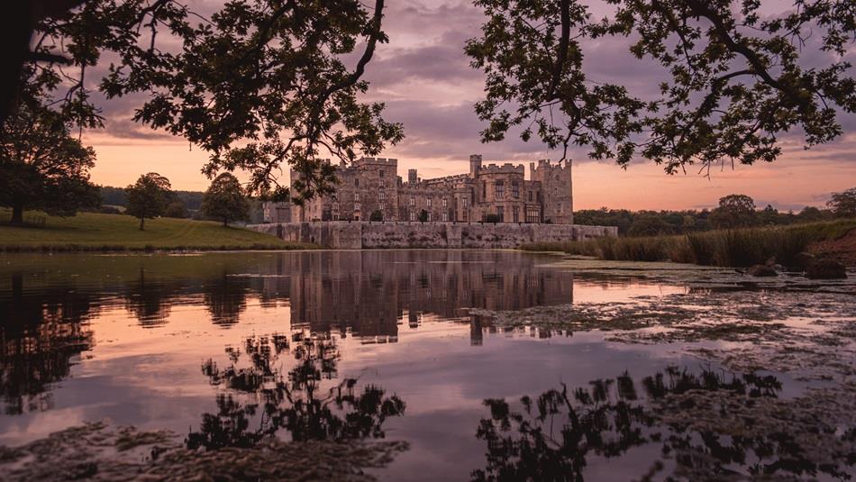 Sunset over Raby Castle, view from the lake