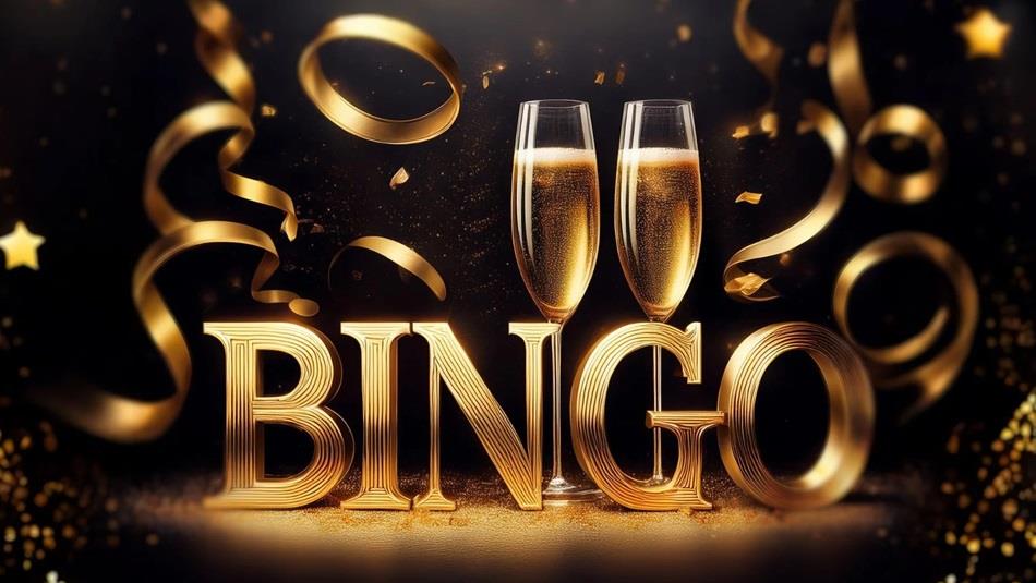 Two glasses of champagne with a stand spelling out BINGO in gold letters and gold ribbon.