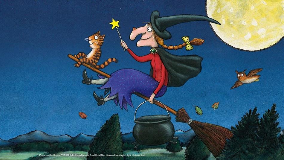 A Witch and a cat riding a broom.  Room on the Broom © 2001 Julia Donaldson & Axel Scheffler. Licensed by Magic Light Pictures Ltd.

