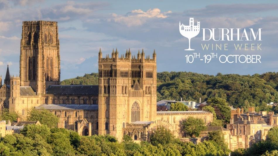 Text reads, 'Durham Wine Week 10th - 19th October 2025'. Poster of Durham Cathedral  and surrounding woodland.