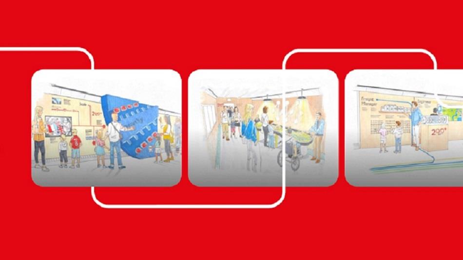 Three images of artwork depicting activities on the train