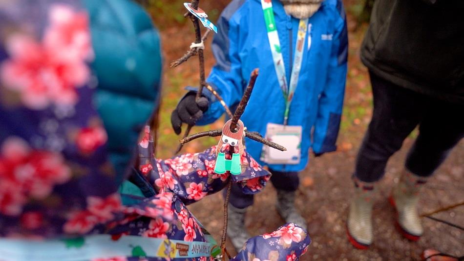 Children in Hamsterley Forest searching for stick characters on The Stickman Man Trail. Credit Forestry England Crown Copyright
