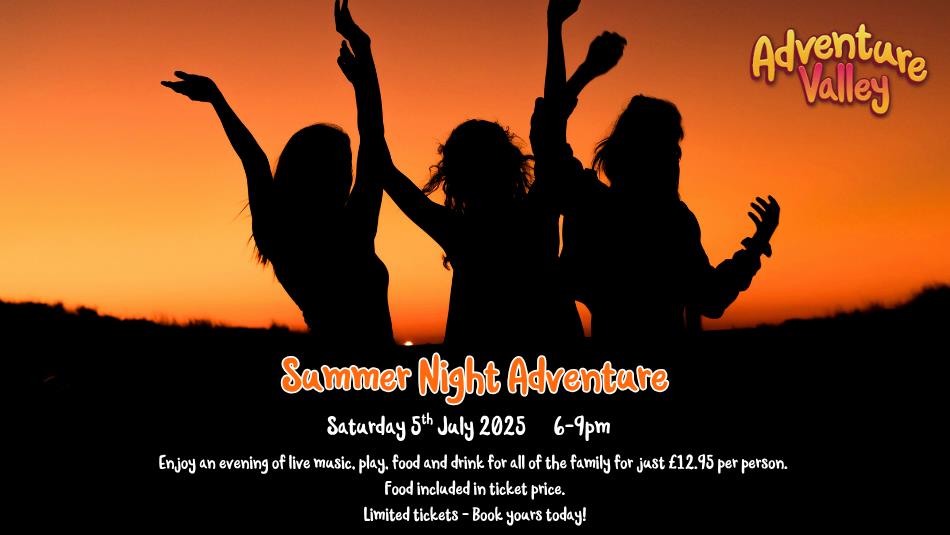 Summer Night Adventure 5th July 2025. Silhouette of people with their hands in the air at sunset.