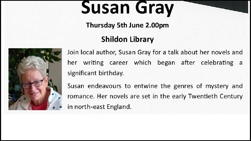 Photo of Susan Gray with blurb advertising her talk about her novels on 5th June at Shildon Library.