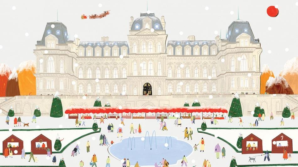 Coloured drawing of the Bowes Museum with Winter Market in the grounds