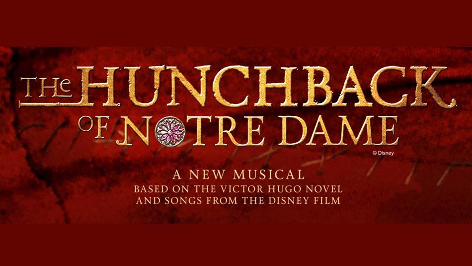 The Hunchback of Notre Dame written in gold on a red background.