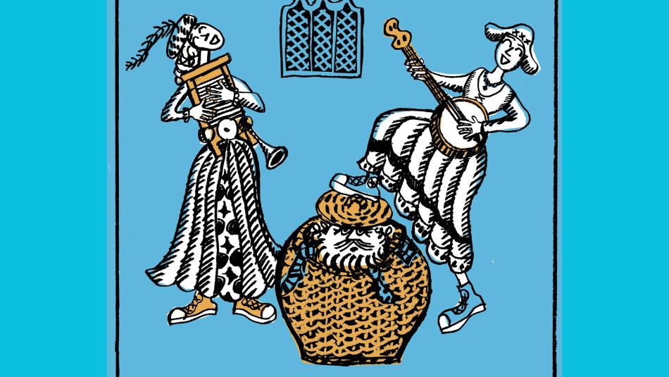 illustration of characters with props from Shakespeare's The Merry Wives of Windsor