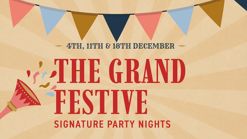 The Grand Festive (Party Night). Illustration of bunting and music.