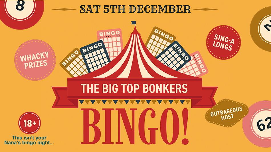 Sat 5th December 'The Big Top Bonkers Bingo'. Illustration of Bingo Balls.