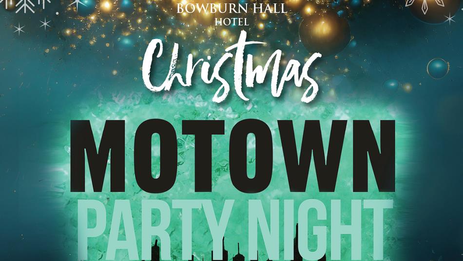 Text reads, 'Christmas Motown Party Night' against a background of stars and a city skyline.