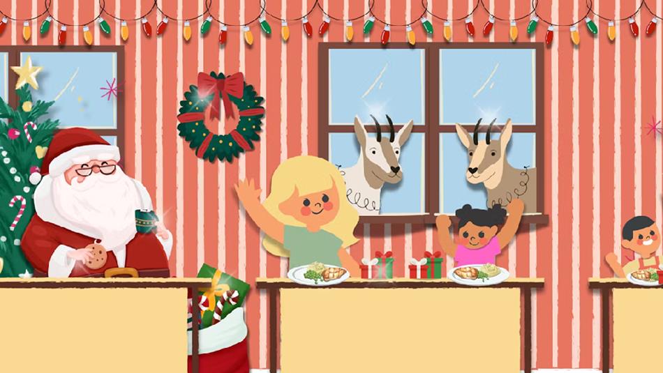 Illustration of Santa, reindeer and children eating lunch.