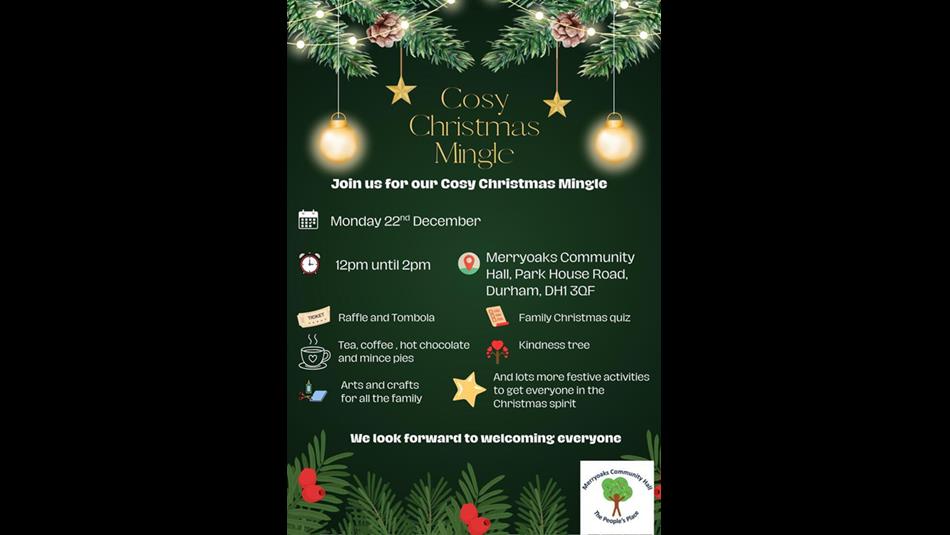 Cosy Christmas Mingle. Poster shows festive greenery, fairy lights and stars.