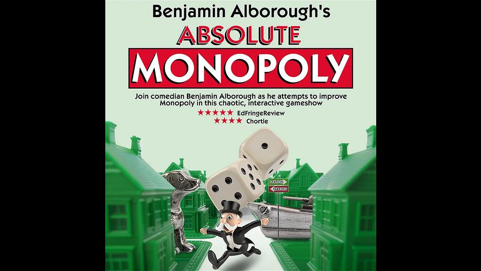 Mr monopoly running through a street of monopoly houses under two dice
