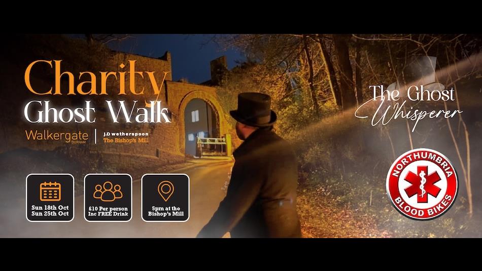Durham Charity Ghost Walk 2026. Spooky photo of Andrew Ross looking up towards the South Bailey.