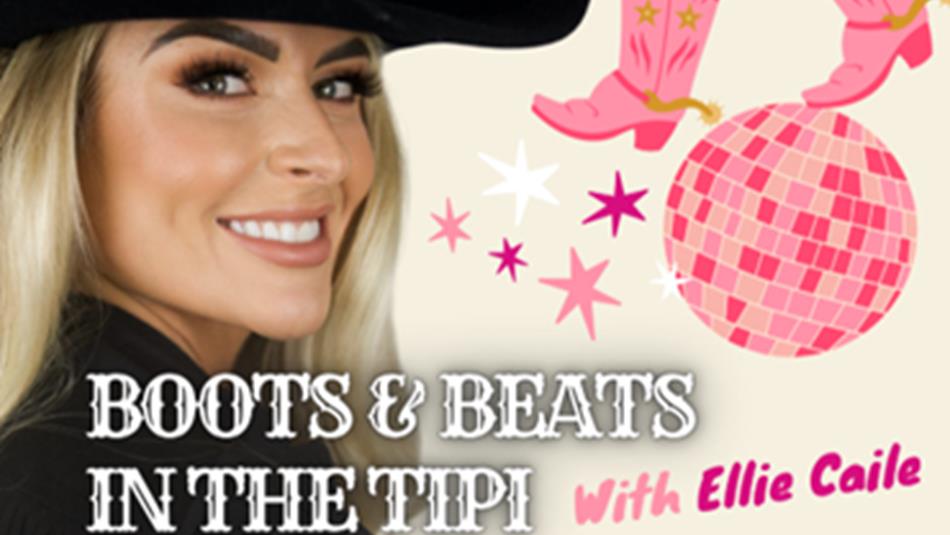 Ellie Caile in a cowgirl hat, next to illustrations of stars, a disco ball and cowboy boots.
