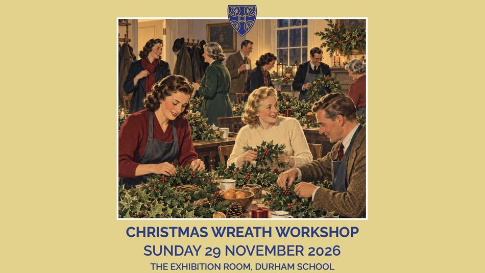 Scene showing men and women in traditional clothing, making Christmas Wreaths at Durham School